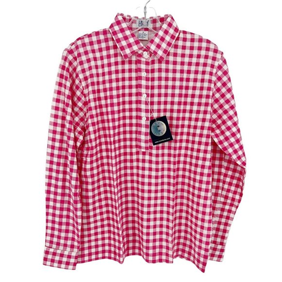 Leon Levin Tops - New Leon Levine Polo Shirt Women's Medium Long Sleeve Blouse Pink Gingha…